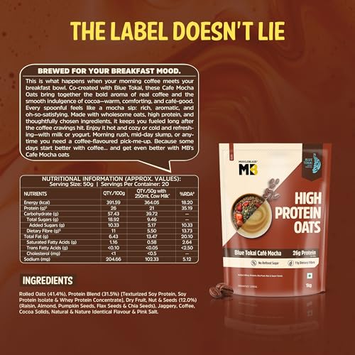 Image of MuscleBlaze High Protein Oats (Blue Tokai Cafe Mocha, 1kg) | 26g Protein | Breakfast Cereals for Weight Management
