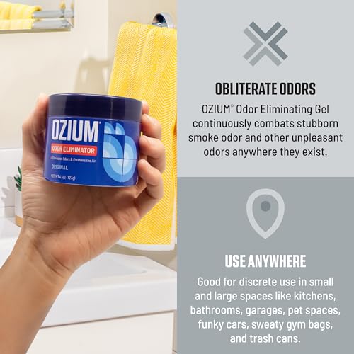 Image of Ozium Odor Eliminating Gel - 4.5oz Air Freshener Alternative for Smoke, Pets, and Musty Odors - Long Lasting Odor Remover for Cars, Homes, Closets and Small Spaces - New Car (Pack of 4)