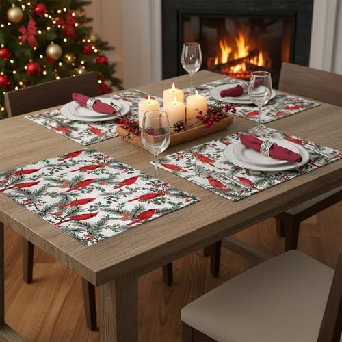 Image of Dining Table Mats Set of 4 with 135 cm Runner - Bird Red Green Christmas Theme,Digital Print, Washable, Indoor /Outdoor, Heat-Proof, Wipe & Clean (47X33 cm) Red & Green
