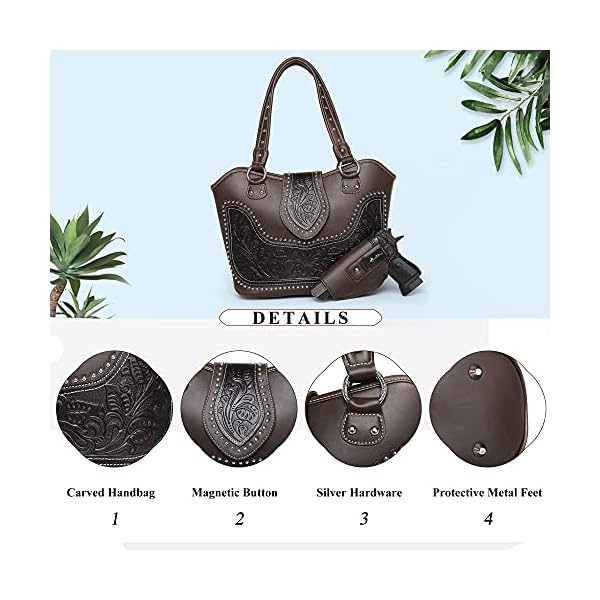 Montana-West-Womens-Western-Handbag-Leather-Shoulder-Bag-Tooled-Concealed-Carry-Purse-with-Detachable-Holster Montana West Western Handbag Tooled Shoulder Bag Leather Tote Bag with Detachable Holster for Women WRLH-8005CF