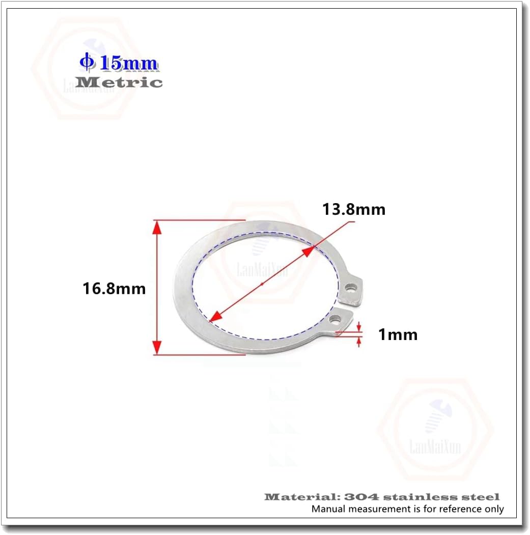 50pcs 15mm,External Circlips C-Clip Retaining Shaft Snap Rings 304 Stainless Steel