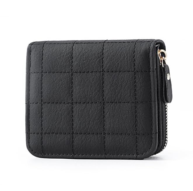 Women's Quilted Leather Small Wallet – Bi-Fold Pocket Card Holder with Zipper for Daily Use
