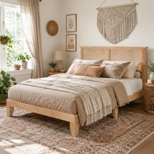 Jojoka Eclectic Rattan Bed Frame with Natural Headboard & RGB LED...
