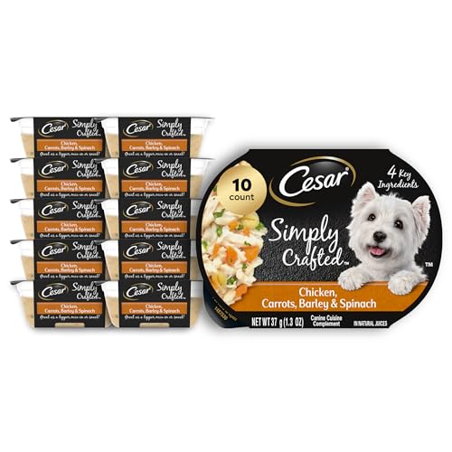Image of Cesar Simply Crafted Dog Food Toppers, Chicken & Spinach, 1.3 oz, 10 Count | Real chicken #1 ingredient, 4 key ingredients, no by-products or artificial flavors, slow-cooked, single-serve tubs