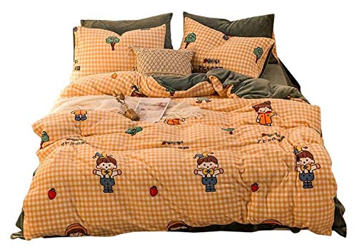 TONZN Four Seasons - Juego de ropa de cama de franela gruesa para otoño e invierno, juego de cuatro piezas con estampado de dibujos animados, funda de edredón y funda de almohada, juego de cama doble