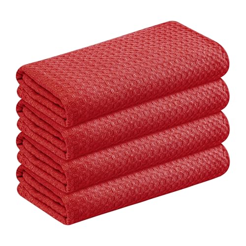 Image of Red Waffle Kitchen Towels, 100% Cotton, Quick Dry, Super Absorbent, Soft, Lint-Free, 16x26 Inches, with Hanging Loop - Ideal for Dish Drying, Bar, Tea, Cleaning & Everyday Use, 4 Pack