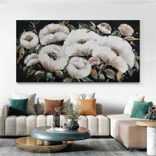Décoration murale pour salon fleurs blanches grand tableau sur toile