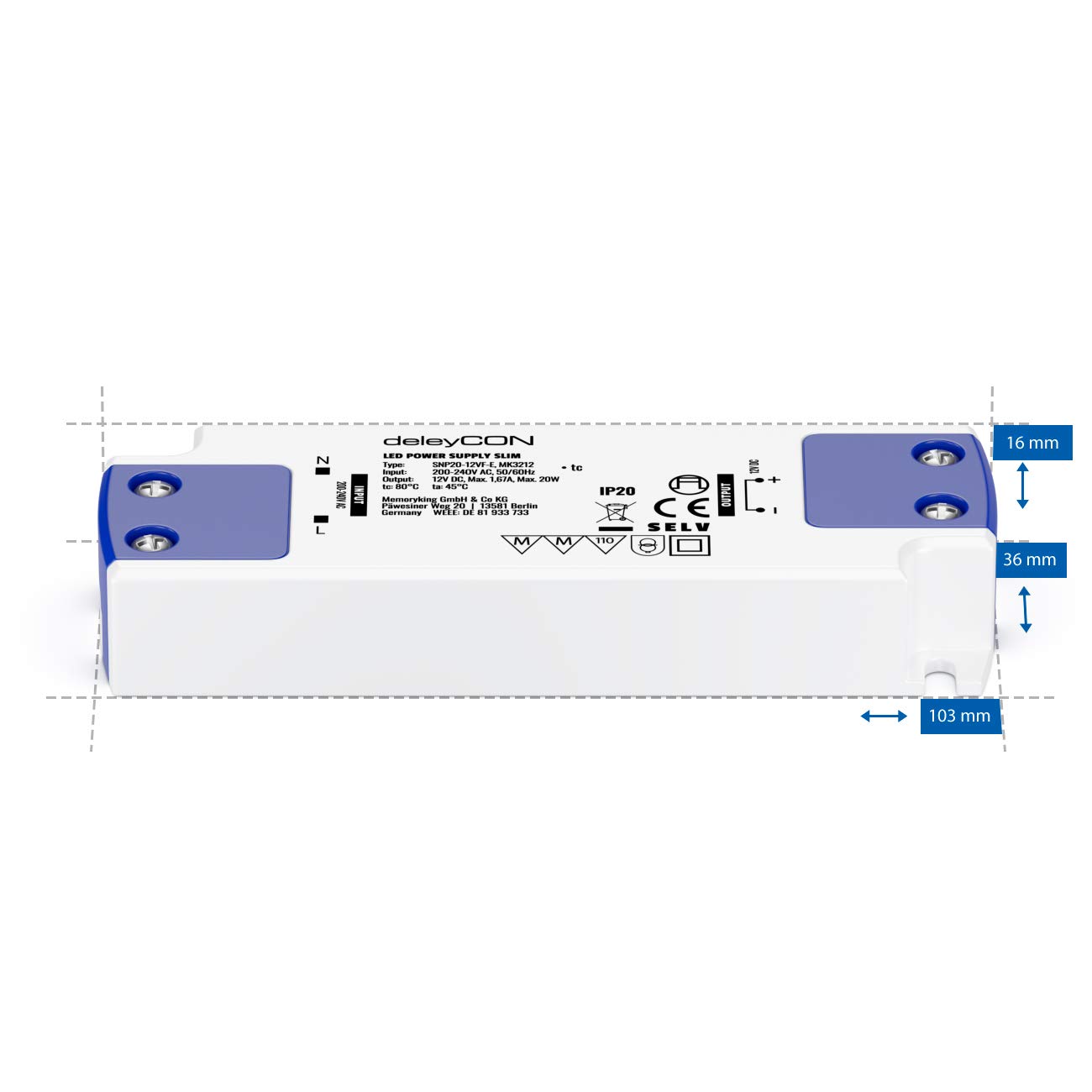 Dimensions of deleyCON 12V SLIM LED Power Supply Unit