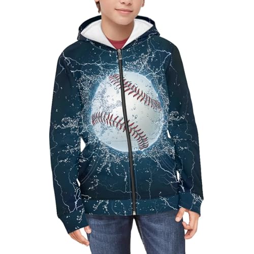 Suobstales Baseball Hoodies for Boys Basic Hooded Sweatshirt Size 8-10 Zip-Up Hoodie Fashion Long Sleeves Shirt Ball Theme Graphic Sweatshirts Kids Jacket with Pockets Lightweight Casual Outerwear
