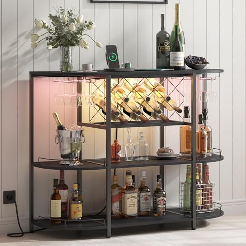 ZOPEND Wine Cabinet Coffee Table with Power Socket and LED Light, Three Tiers Coffee Bar Table Wine...