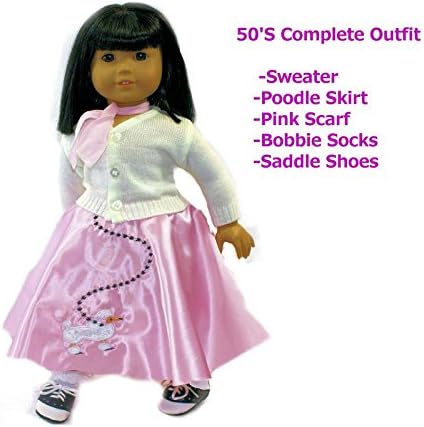 Halloween 50'S Poodle Doll Costume |18 inch Doll Clothes | 5 PCS Poodle Outfit | Sweater |Poodle Skirt |Pink Sheer Scarf | Bobbie Socks | Saddle Shoes | Fits American Girl 18 Inch Doll
