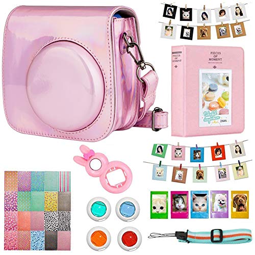 Cpano 10 en 1 Ensembles de caméra Set avec étui/Album/Selfie Lens/Filtres/Cadres/Autocollants/Bandoulière pour Fujifilm Instax Mini 8 8+ 9 caméra de Film instantanée (Rose Laser)