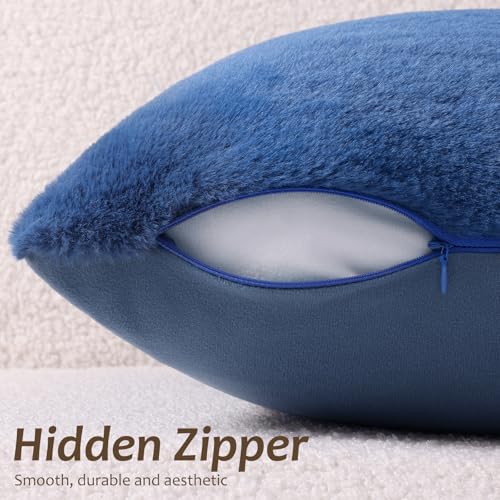 Pallene Faux Fur Plush Throw Pillow Covers 20x20 Set of 2, Soft Fluffy Couch Pillow Covers for Living Room, Navy Blue