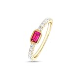 Wishrocks Emerald Cut Simulated Birthstone & Round 1&sol;3 Cttw Lab Created Moissanite Bezel Set Stackable Wedding Ring Band for Women In 14K Gold Plated Sterling Silver
