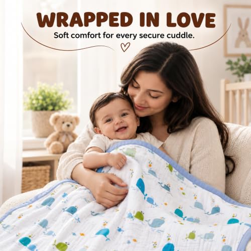 Image of StarAndDaisy Muslin Cotton Blanket 110 x 110 cm, Soft Lightweight Baby Blanket with Whale Print, Breathable Muslin Wrap for Newborns, Infants and Toddlers.