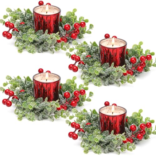 Red Berry Xmas Candle Rings Wreaths with Candle Holders -