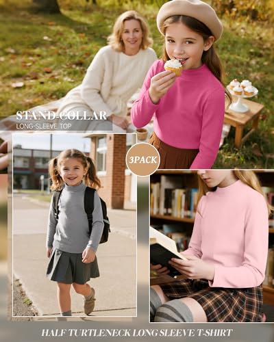 3 Pack Girls' Mock Turtleneck Long Sleeve T-Shirt Kids Warm Soft Tops Slim Fit Basic Layer Fall Winter Tees2