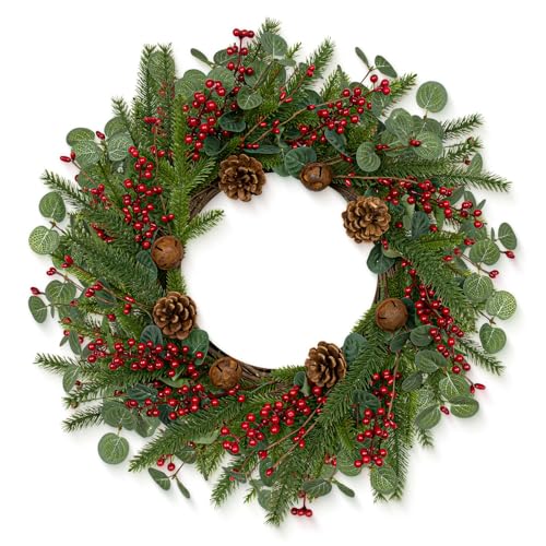 Yawwind Artifical Christmas Door Wreath 22 Inches Christmas Wreaths for Front Door Rustic Winter Wreath with Evergreen Pine Needle Pinecone Red Berries for Wall Porch Window Holiday Indoor Outdoor