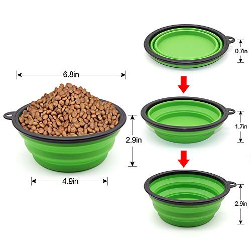 Image of SLSON Collapsible Dog Bowl, 2 Pack Collapsible Water Bowls for Cats Dogs, Portable Pet Feeding Watering Dish for Walking Parking Traveling with 2 Carabiners (Large, Green+Purple),Silicone,15X5X5 Cm
