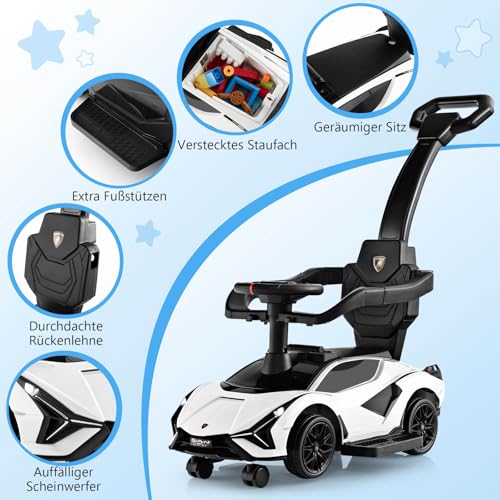 GOPLUS 3 in 1 Rutschauto, Lamborghini Schiebauto mit abnehmbarem Universalrad, USBs, Musik, Stauraum, abnehmbarem Schiebegriff & Schutzgeländer, Rutschfahrzeug für Kinder von 18-60 Monaten (Weiß) – Bild 5