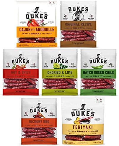 Peaceful Squirrel Variety, Duke's, Shorty Smoked Sausages Variety of 7 Flavors Original Recipe, Hatch Green Chile, Hot & Spicy, Cajun Style Andouille, Teriyaki, Chorizo & Lime, Hickory BBQ, Gluten Free, No MSG, No Artificial Preservatives, 5 Ounce Each