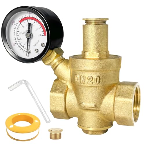Valquave Water Pressure Regulator, 3/4 Inch NPT Thread DN20, Heavy Duty Brass Lead-free BPA-free, with Gauge for Home
