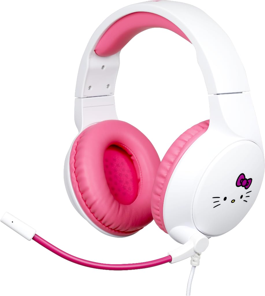 Konix Hello Kitty Kabelgebundenes Gaming-Headset für PC, PS4, PS5, Switch, Xbox One und Series X|S - Mikrofon - Kabel 1,5 m - 3,5 mm Klinkenstecker - Weiß und Rosa