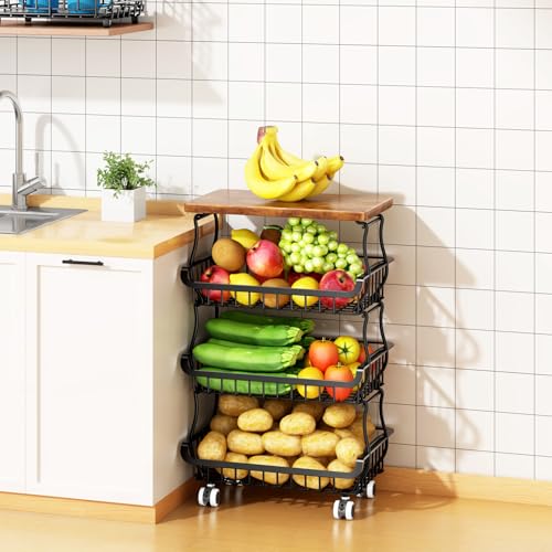 Jusdyrack Organisateur de Garde-Manger 4 Niveaux Desserte à Roulettes, Paniers Métalliques Empilables pour Étagère, Cuisine, Fruits, Légumes et Salle de...