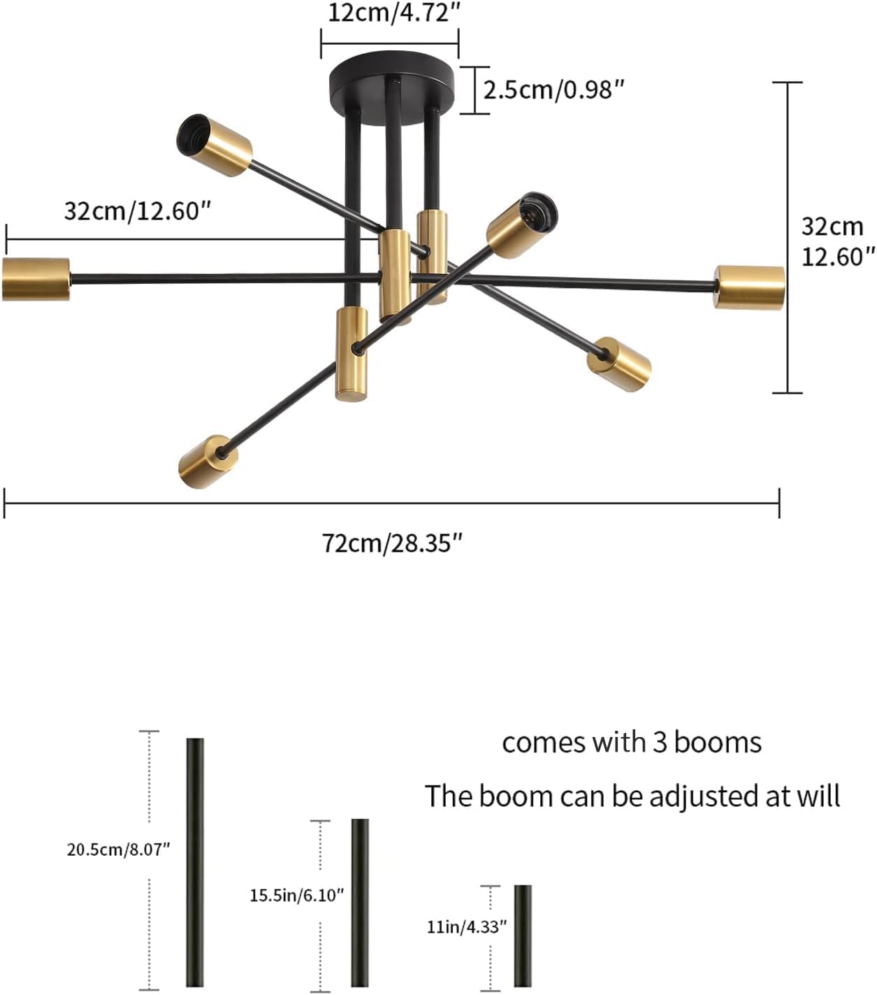 DELIPOP Sputnik Light Fixture, 6-Light Black Gold Dining Room Light Fixture, Mid-Century Modern Ceiling Light Fixture for Living Room, Kitchen, Dining Room, Bedroom