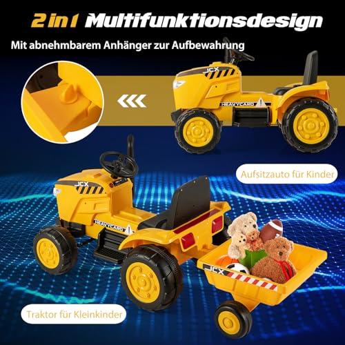 COSTWAY 12V Traktor mit Abnehmbarem Anhänger, Kindertraktor Elektrisch mit 2,4G Fernbedienung & Lichtern & Hupe & USB & MP3, Elektro Traktor für Kinder ab 3 Jahren (Gelb) – Bild 4