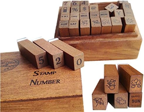28pcs Vintage Wooden Rubber Stamps Letter Weather Sign, Monday to Sunday, Number and Symbol Stamp Set for Card Making and Scrapbooking (28 pcs)
