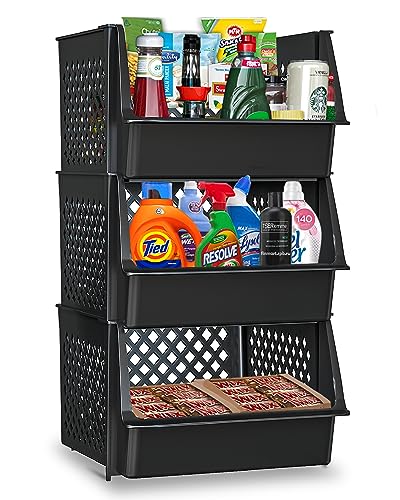 Image of Skywin TidyFriend Large Plastic Stackable Storage Bins for Pantry, 3 Pack Stackable Bins For Organizing Kitchen and Bathroom Essentials (Black)