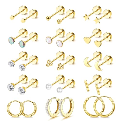 Grace Whisper 15 Pairs Flat Back Stud Earrings For Women Men 14K Gold Plated Hypoallergenic Surgical Steel Flatback Stud Earrings Cartilage Helix Tragus Conch Hoop Earrings Set for Multiple Piercing Jewelry
