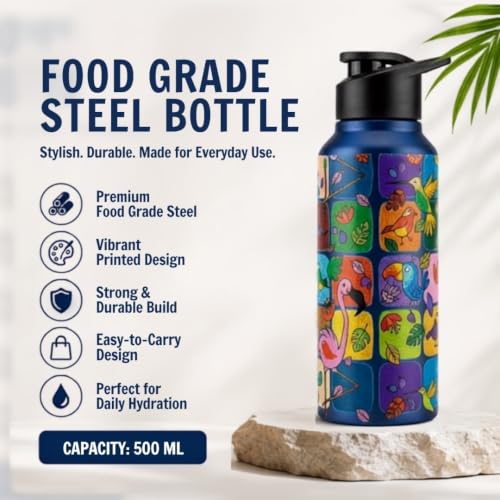 Image of VOIK Printed Stainless Steel Water Bottles for Kids, Office, Sports & Travel (750 ML) (Flamingo-Sipper)