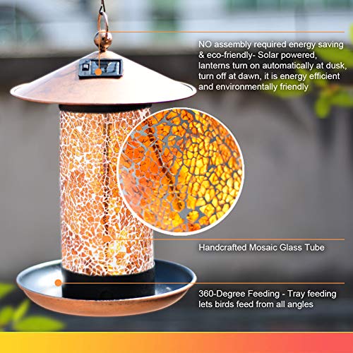 XDW-GIFTS Solar Bird-Feeder for Outside Hanging Outdoor - Solar Powered Garden Light Lantern Birdhouse Wild Hanging Birdfeeder Waterproof Unique Mosaic Copper Bird Feeder for Outdoors - Thumbnail 3
