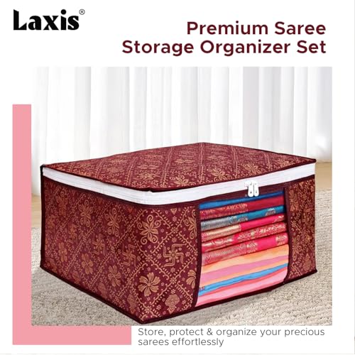 Image of LAXIS Saree Organiser for Wardrobe, Foldable Royal Print Saree Covers for Storage Set with Clear Window & Zipper, (Golden-Mahroon, Pack of 3)