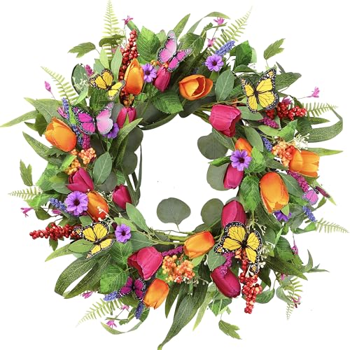 Sggvecsy Spring Summer Wreath for Front Door 22 Inch Artificial Tulips Wreath with...