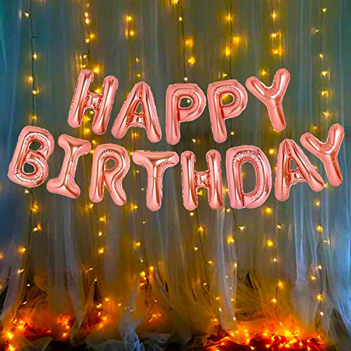 Image of Party Propz Rose Gold Happy Birthday Banner (Foil) Pack of 2, Huge Happy Birthday Banner With Led Lights, Alphabet Balloons for Decoration, Birthday Decoration Combo Fairy Lights, Foil Balloons