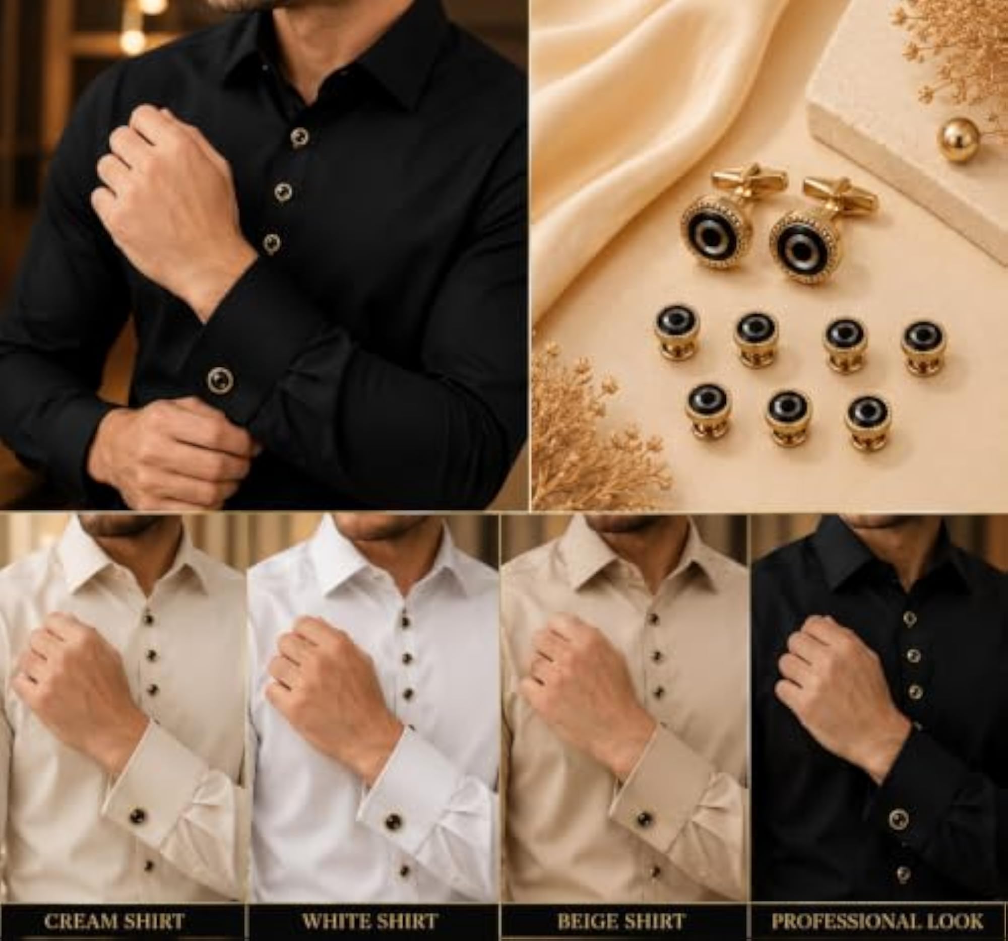 Men's Cufflinks and Shirt Studs Set, Gold Tone, Black Stone