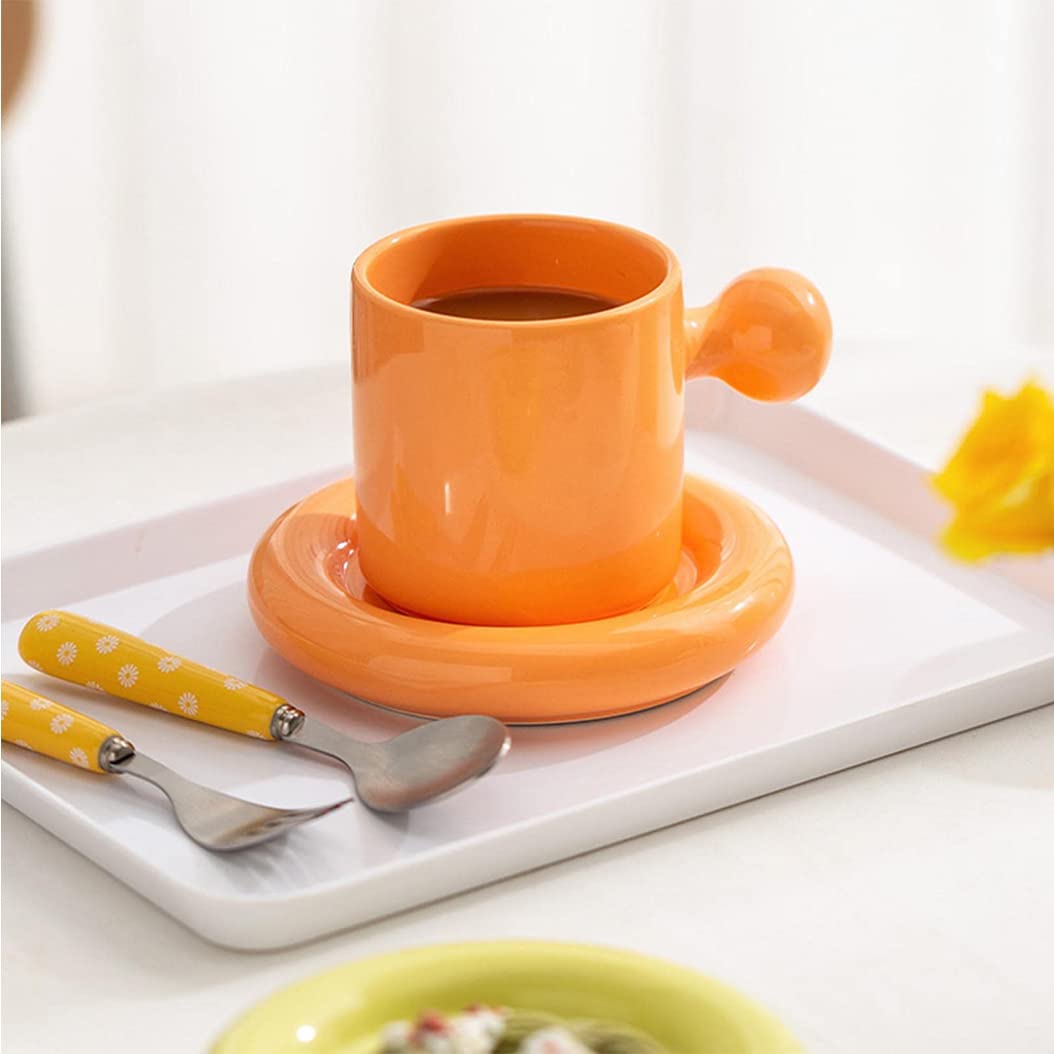 Urocze ceramiczne kubki do kawy ze spodkiem, ręcznie robiony kubek ceramiczny, nowoczesne wielokolorowe kubki idealne do herbaty, kawy, cappuccino i innych napojów, zmywarki i kuchenki mikrofalowej, rozmiar S, żółty