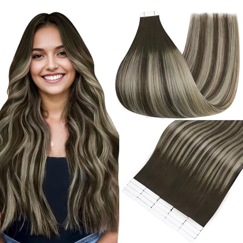 Image of Full Shine Tape in Extensions, Dark Brown Ash Blonde Ombre 14 Inch | 50g 20PCS, Straight Invisible Tape Ins Human Hair Extensions, Seamless Skin Weft Soft Finish for Daily Natural Styling