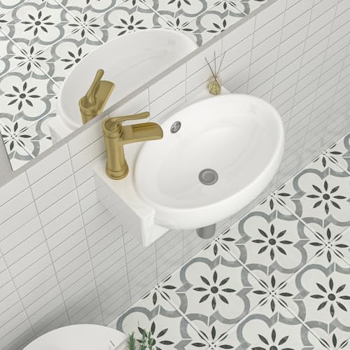 Mocoloo Wall Mounted Bathroom Sink Left Corner Floating Sinks with Faucet Hole 16 Inch White ADA Compliant Ceramic Bathroom Sink Wall Hung Porcelain with Overflow Hole Hand Basin