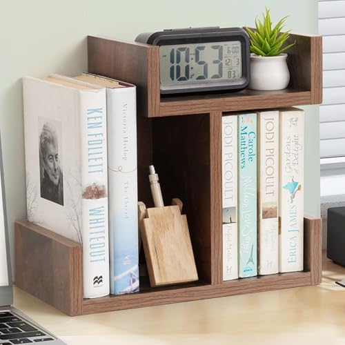 Image of ABOUT SPACE Table Top Bookshelf - Countertop Bookcase with 3 Shelves, DIY Engineered Wood Multipurpose Storage Organizer Table Shelf Book Rack for Home Study Room (L 33 x B 17 x H 30 cm - Walnut