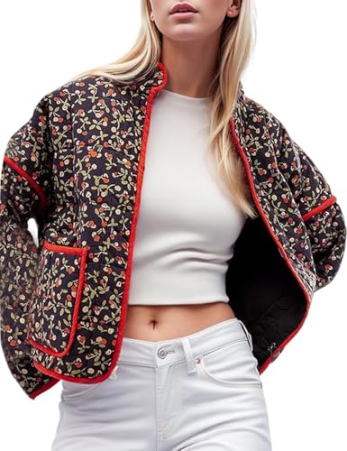 COZYPOIN Women Floral Printed Quilted Jacket Colorblock