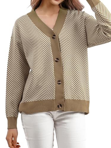 Image of ZAFUL Women's Striped Cardigan Button Up Open Front Knit Oversized Sweater | Button down, Soft chunky knit, Lightweight, Loose fit, Long lantern sleeve, Casual Daily Going Out, Fall Winter Outfits