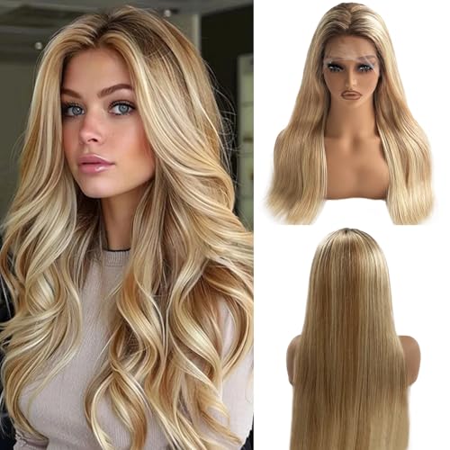 Image of Belaved 13x4 Straight Lace Front Wigs Human Hair for Women, 24 Inch Highlights Ombre Golden Brown Mixed Blonde with Brown Roots HD Lace Frontal Wig Human Hair, Glueless Wig Pre Plucked Bleached Knots