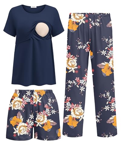 Image of Ekouaer 3 Piece Postpartum Nursing Pajamas Set Short Sleeve Breastfeeding Shirts Pregnancy Shorts & Pants Maternity Pjs