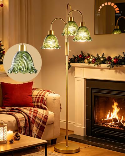 Image of Lightdot 3-Light Glass Floor Lamp for Living Room, 70 inch Gold Dimmable Standing Tall Lamp with Green Ribbed Glass Shades &3PCS 3000K Warm White Bulbs, Modern Tree Pole Lamp for Bedroom Home Decor