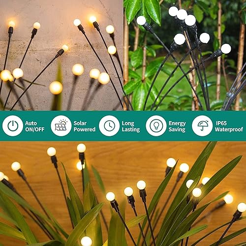 Image of PremiumAV Solar Firefly Lights for Garden Decor - 2-Pack, 12 LED Warm White Outdoor Fairy Lights for Yard, Patio, Landscape & Pathway Lighting