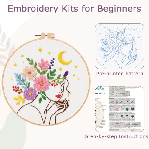 Image of Nuberlic Embroidery Kit for Beginner,Floral Woman Embroidery | Complete Embroidery Supplies, Needlepoint Kit with 7.9Inch Hoop, Stamped Fabric, Threads, Needles and Instructions